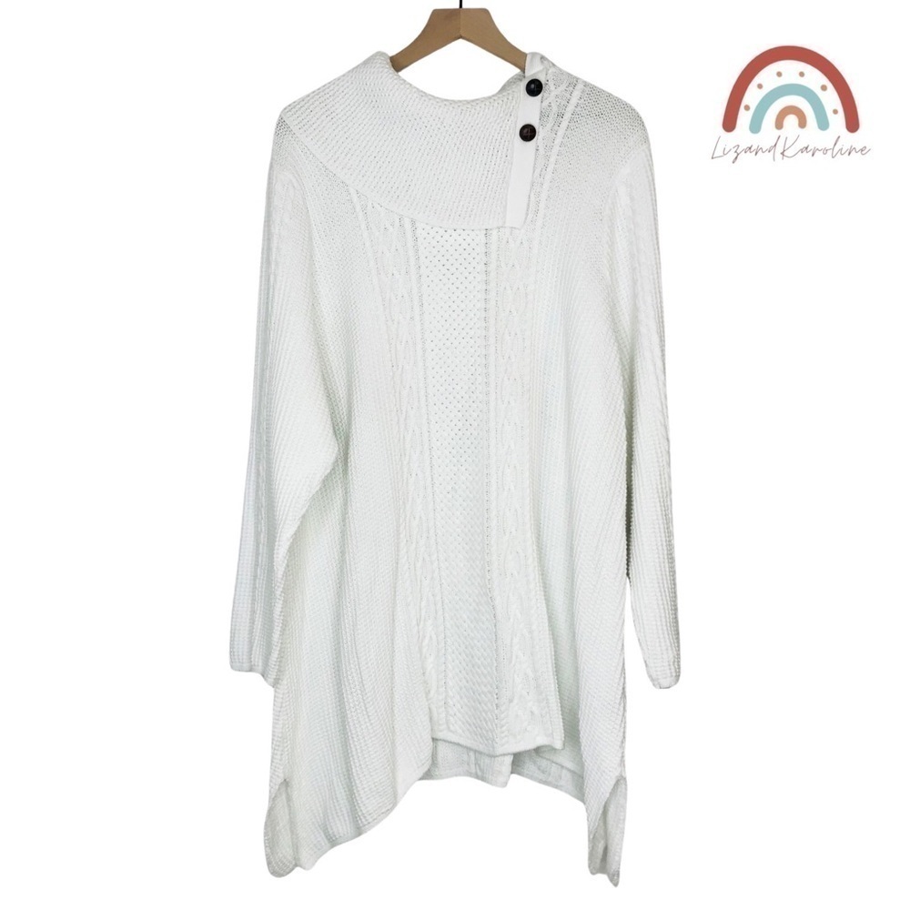 Jeanne Pierre Cable Knit Envelope Button Neck Sweater Plus Size 3X